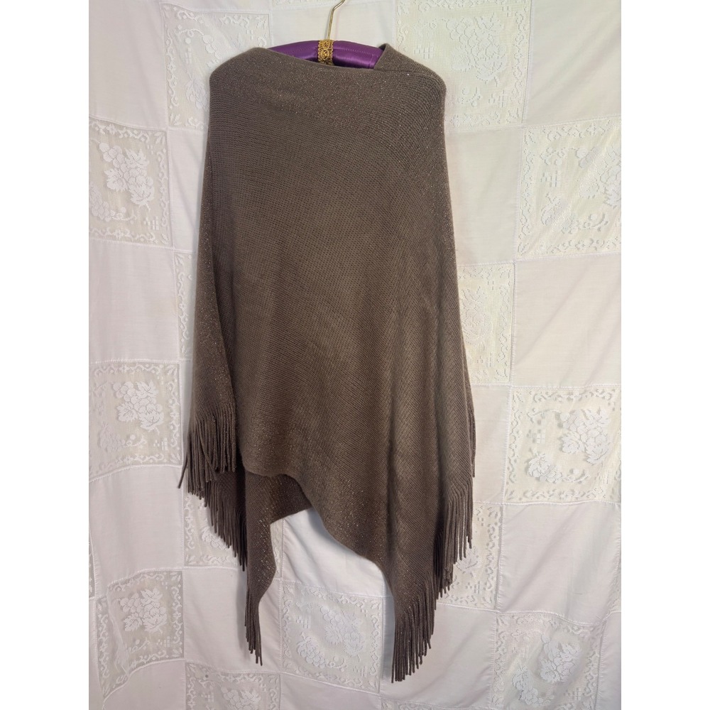 Metallic‎ Threaded Taupe Brown Western Knit Fringe Boho Chic Poncho One Size